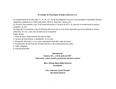 Convocatoria a Asamblea Ordinaria 7/2017