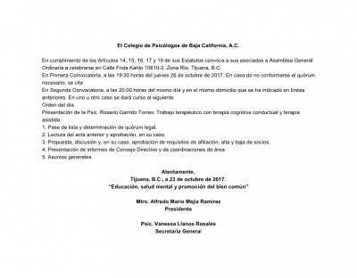 Convocatoria a Asamblea Ordinaria 10/2017